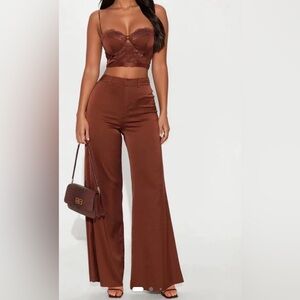 Fashion Nova Chocolate Two Piece Wide Leg Pants and Top